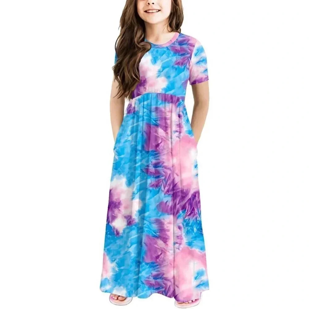 Girls  Casual Dress Short Sleeve Loose Fit Maxi Dresses with Pockets 5-13 Years